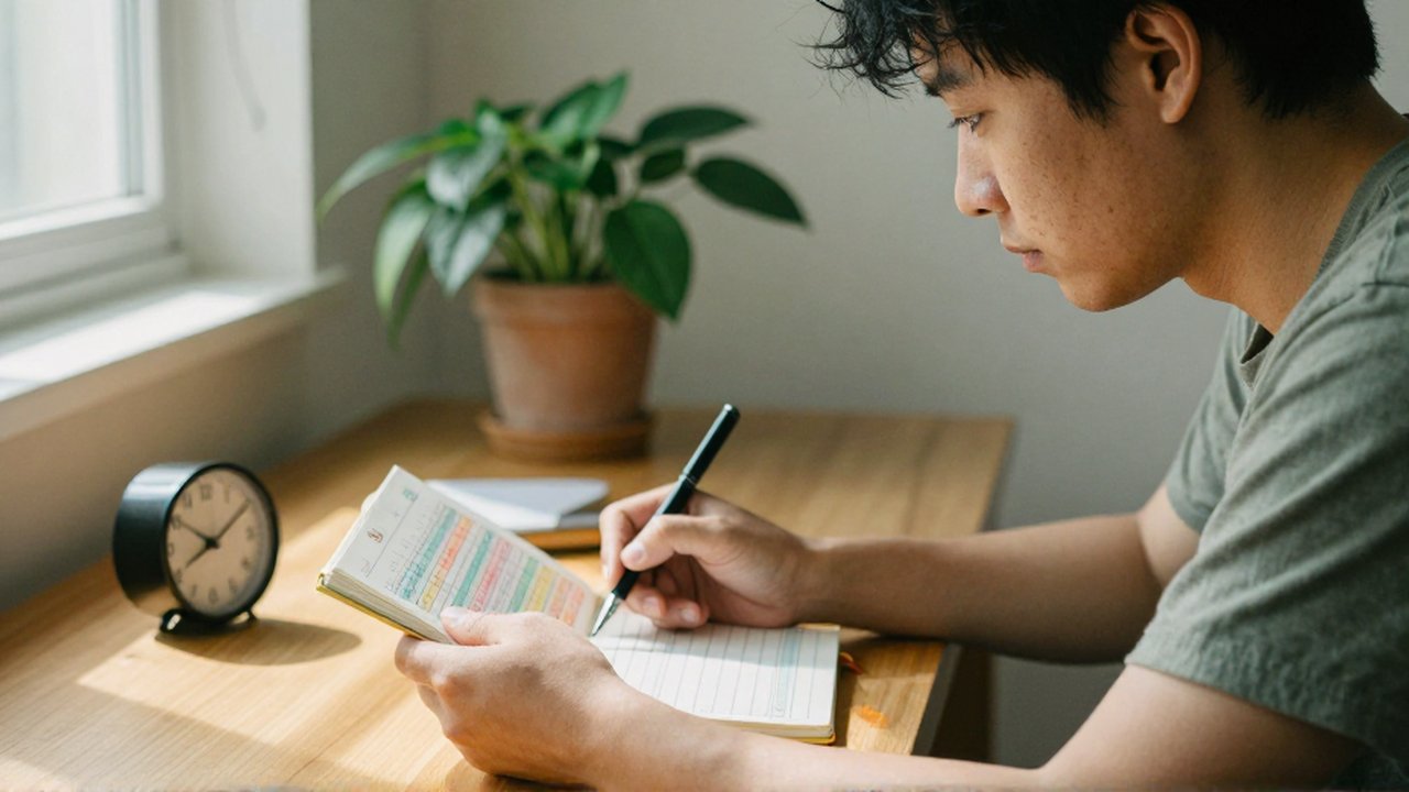Una persona reflexiva observa un cuaderno de hábitos y un reloj en un escritorio iluminado.