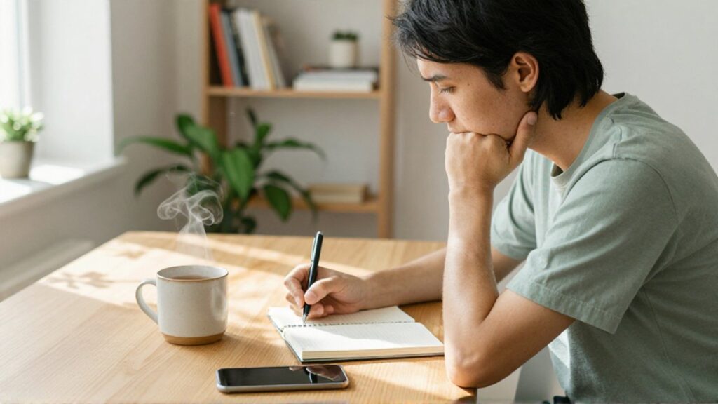Persona pensativa escribiendo en un cuaderno sobre un escritorio de madera en un entorno luminoso.