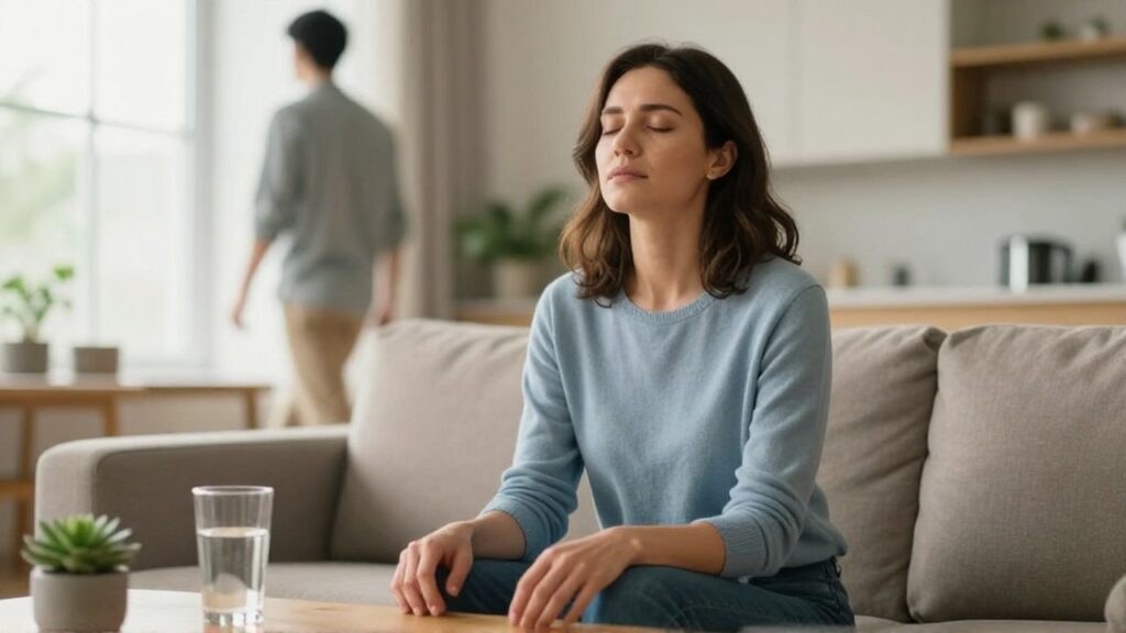Mujer sentada en un sofá moderno practicando respiración profunda para recuperar la calma tras una discusión.
