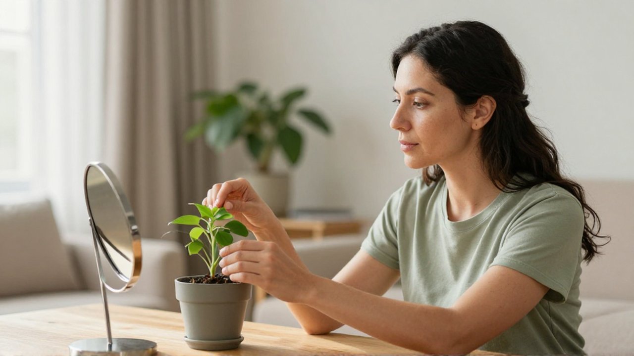 Mujer sentada frente a un espejo en una sala luminosa, tocando una pequeña planta.