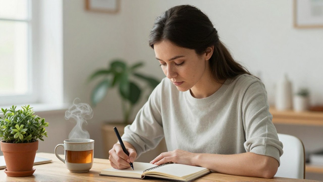 Mujer joven escribe con serenidad en su diario sobre una mesa junto a una taza de té.