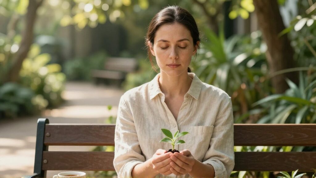 Mujer sentada en un jardín con una pequeña planta en las manos bajo la luz matutina.