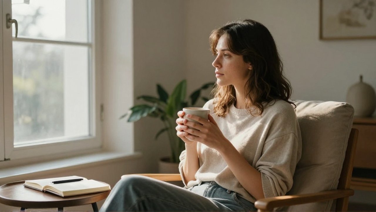 Mujer joven sentada en un sillón con una taza, mirando pensativa hacia una ventana iluminada.
