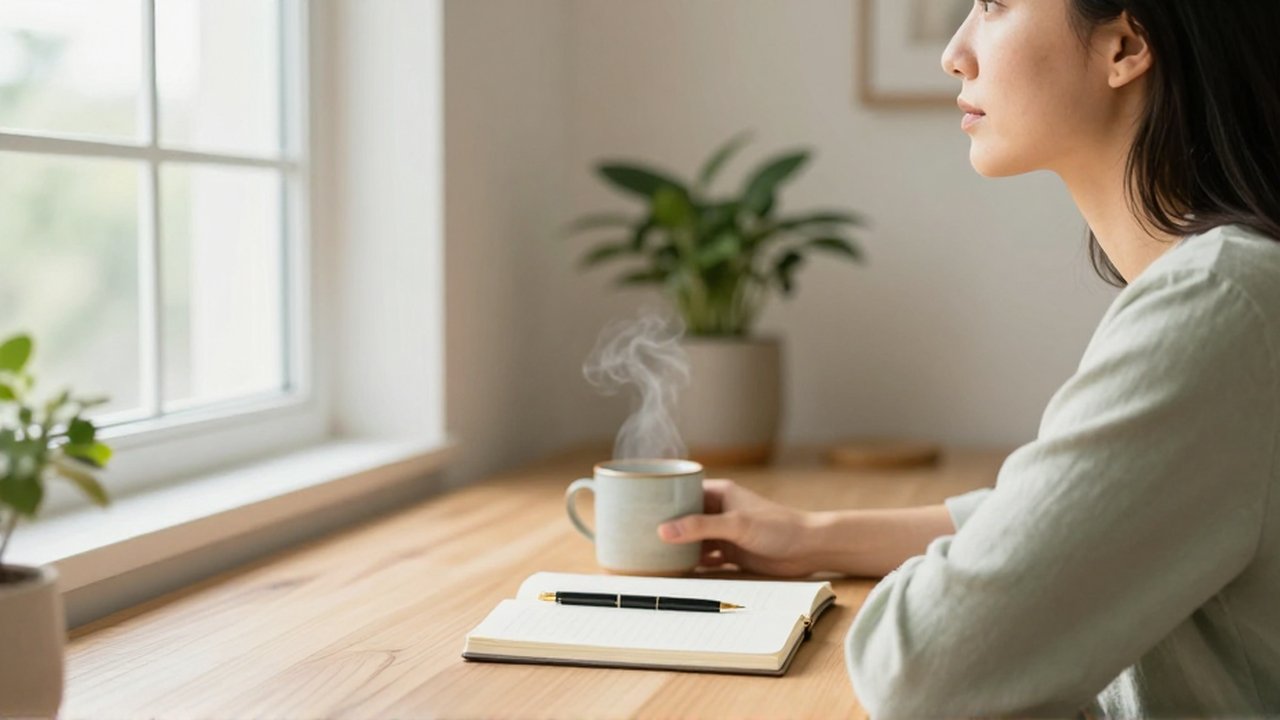 Mujer sentada frente a un escritorio con un diario y café, mirando pensativa por la ventana.