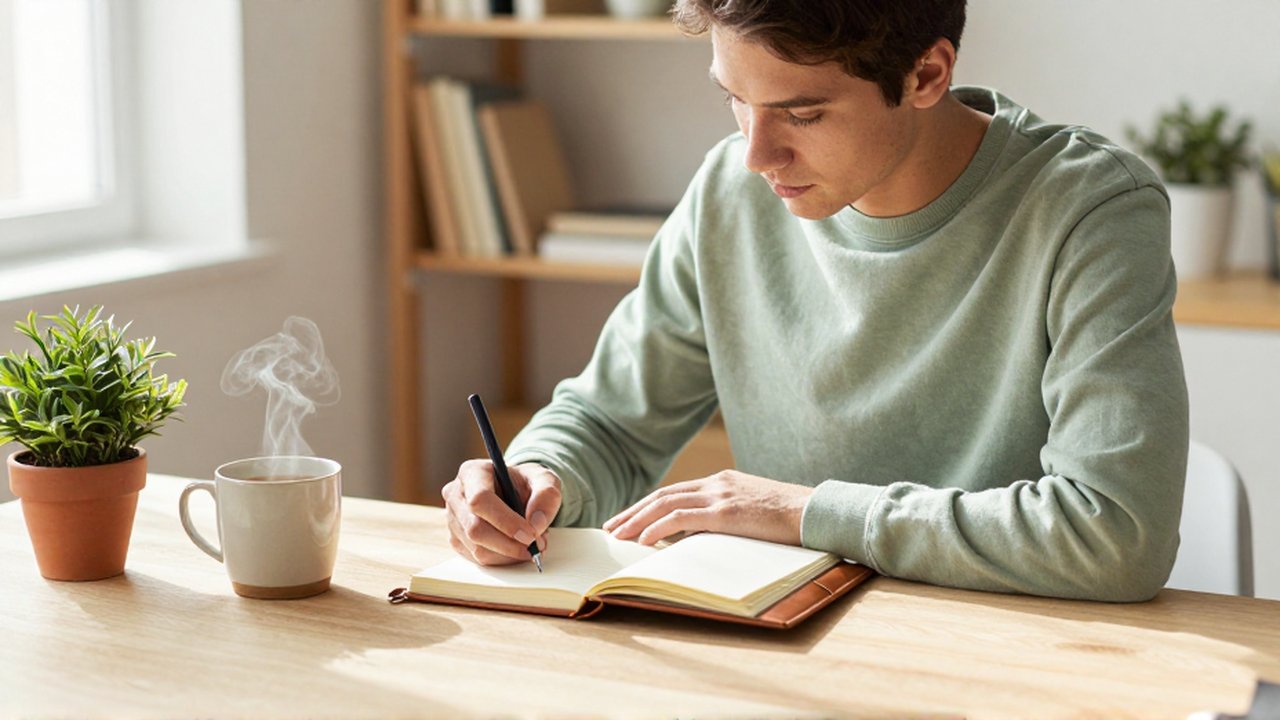 Persona concentrada escribiendo en un diario sobre un escritorio de madera en un ambiente luminoso.
