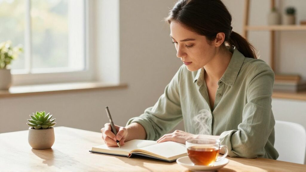 Mujer serena escribiendo en un diario sobre un escritorio iluminado por el sol.