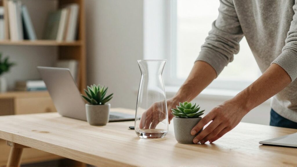 Una persona organiza su escritorio colocando una jarra de agua y una pequeña planta.