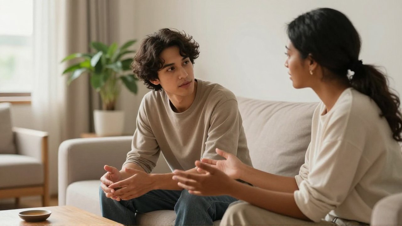 Dos personas conversan con atención y calma sentadas en un sofá en una sala luminosa.