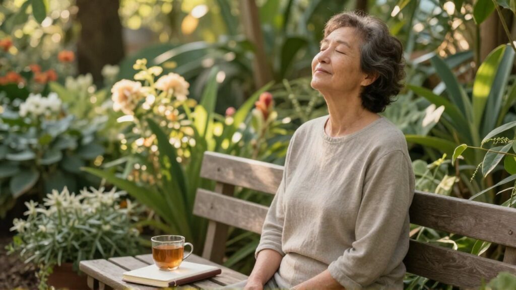 Persona de mediana edad con ojos cerrados meditando en un banco de madera rodeado de vegetación.