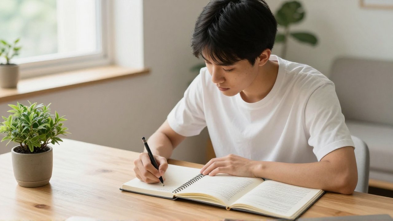 Joven sentado frente a un escritorio de madera escribiendo reflexivamente en un diario de papel.