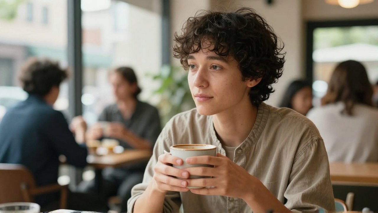 Persona sentada en un café luminoso, respirando profundamente mientras sostiene una taza con ambas manos.