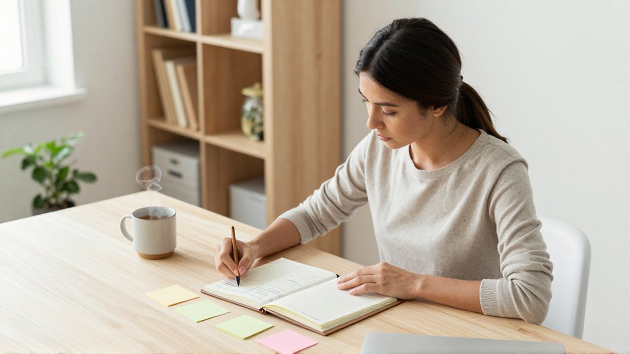 Mujer joven organiza notas adhesivas y una agenda en un escritorio luminoso y ordenado.