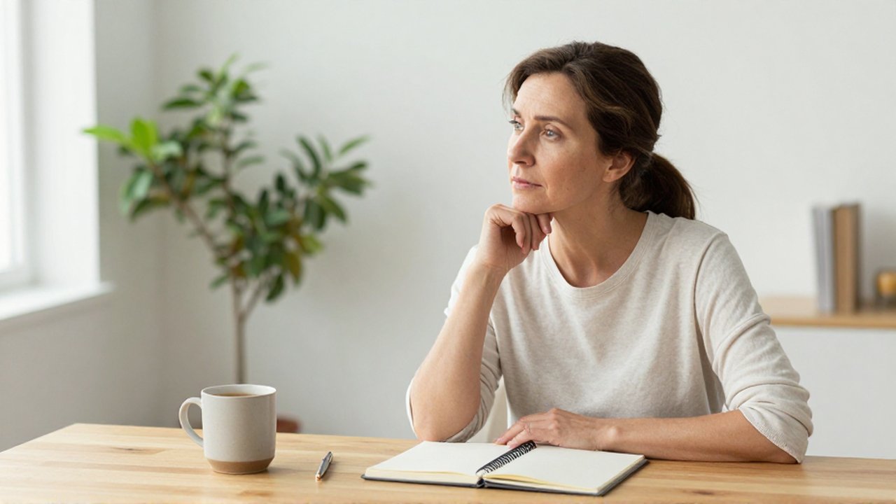 Mujer de mediana edad sentada en un escritorio de madera, en actitud reflexiva ante un cuaderno.