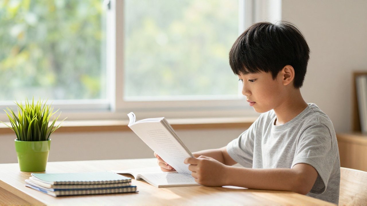 Un estudiante concentrado lee un libro en un escritorio ordenado dentro de un estudio luminoso.