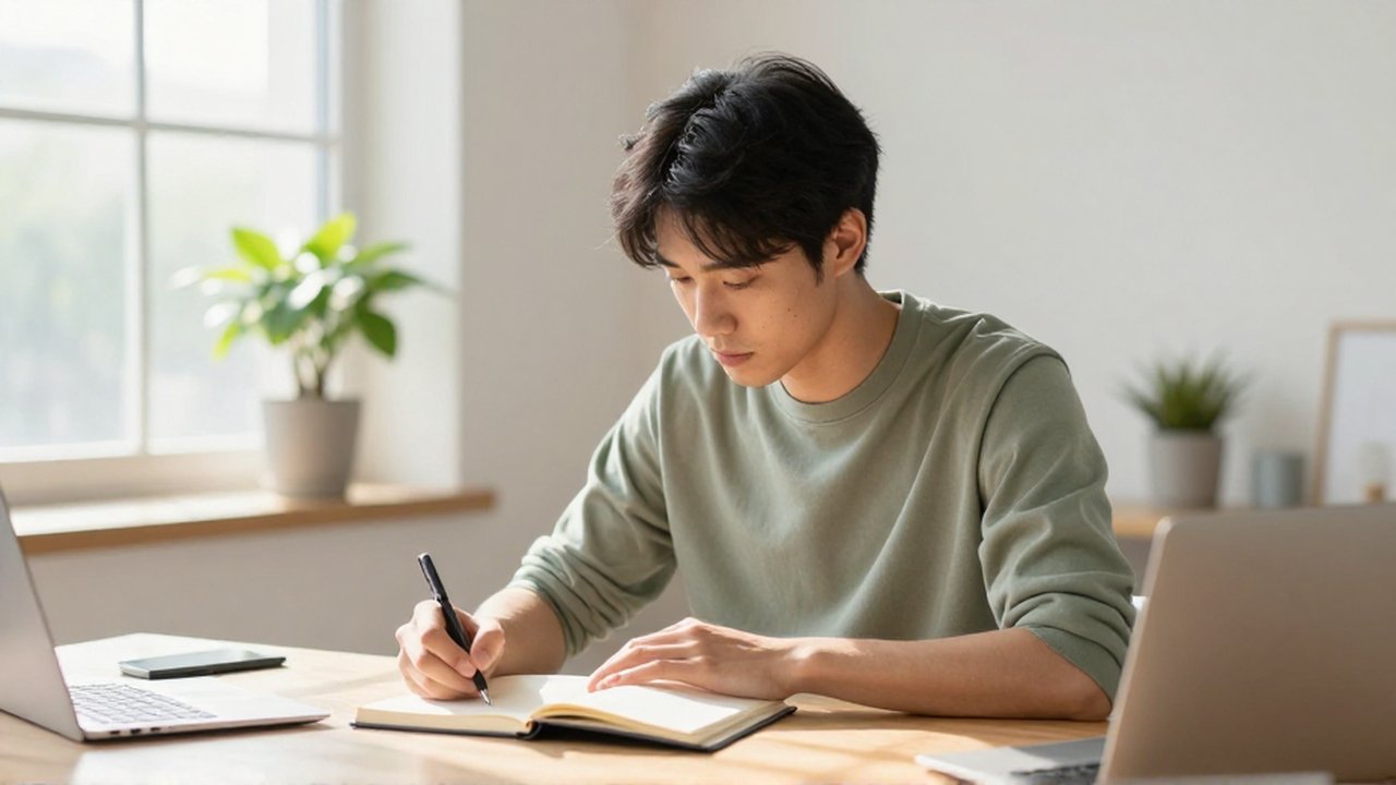 Persona concentrada escribiendo en un cuaderno sobre un escritorio de madera en una oficina iluminada.