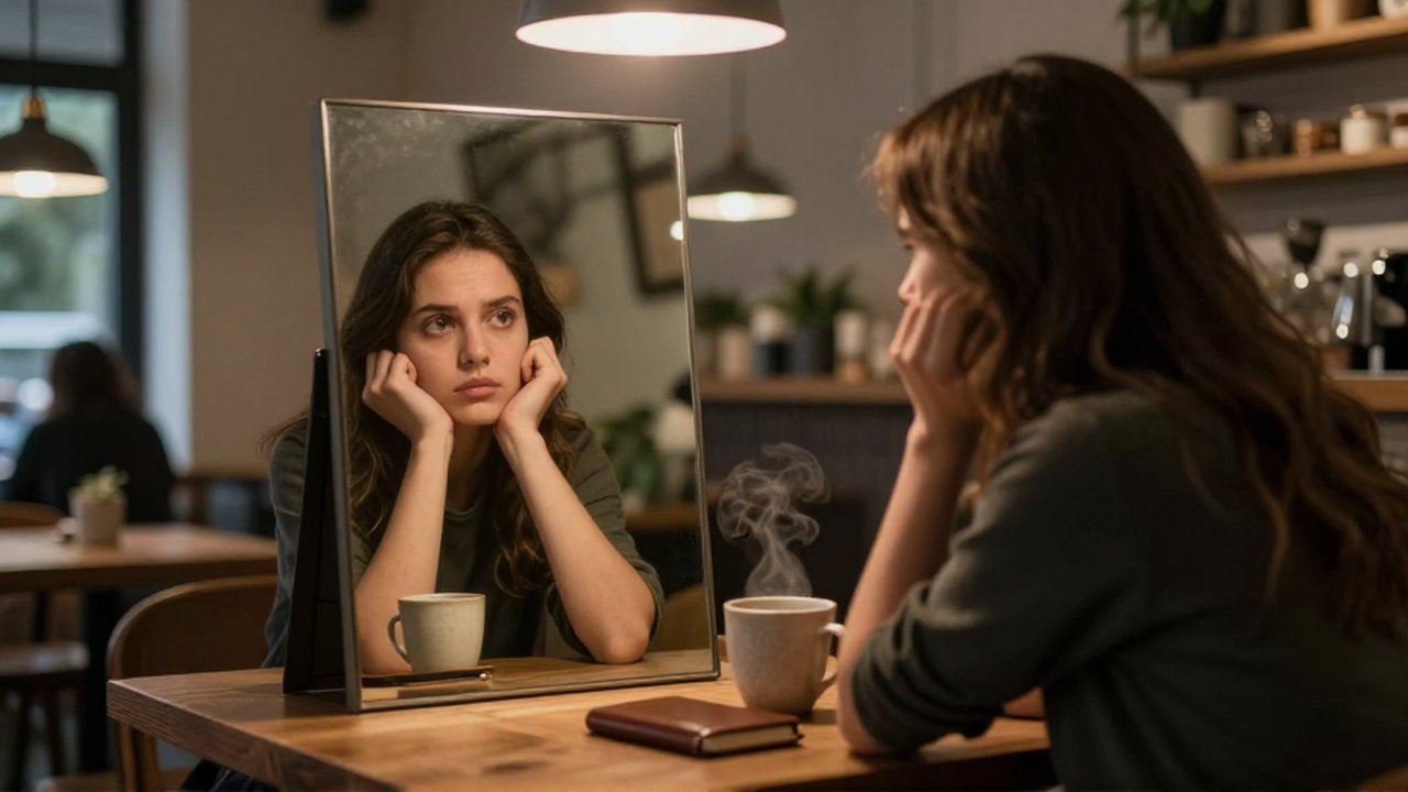 Mujer pensativa observa su reflejo en un espejo sobre la mesa de una cafetería acogedora.