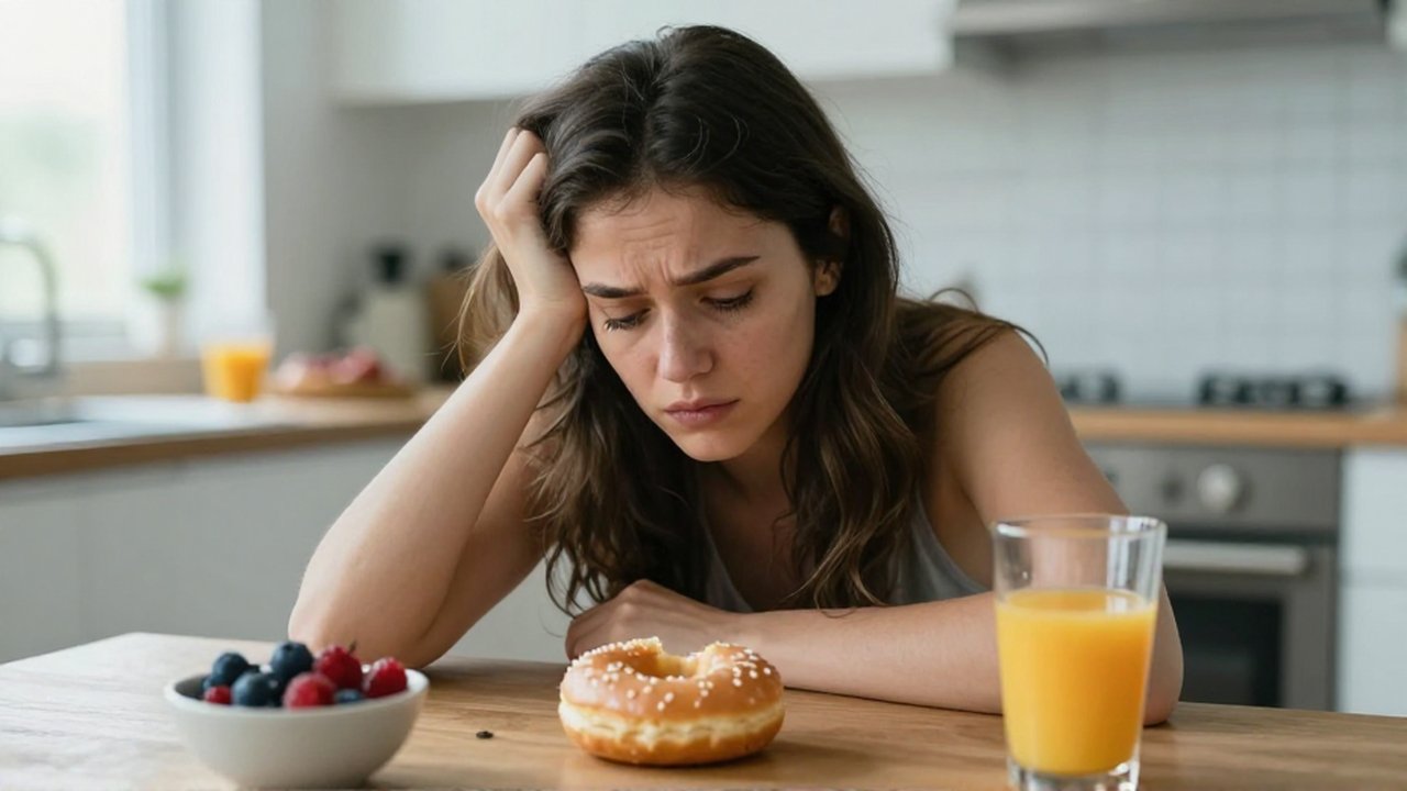Una mujer con aspecto agotado se sienta frente a un desayuno en una cocina luminosa.