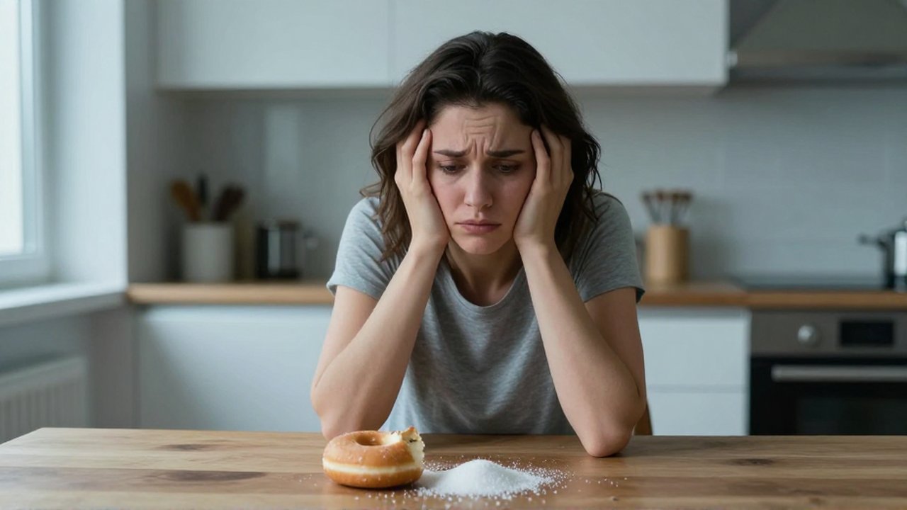 Mujer con expresión de agotamiento sentada frente a una dona y azúcar derramada en una cocina.