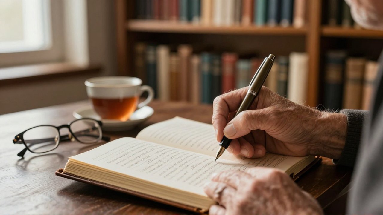 Un erudito escribe notas en un diario de cuero sobre una mesa en una biblioteca soleada.