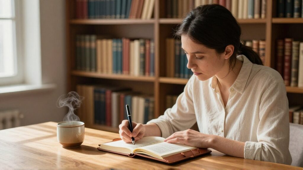 Un estudioso escribe con pluma en un diario dentro de una biblioteca iluminada por el sol.
