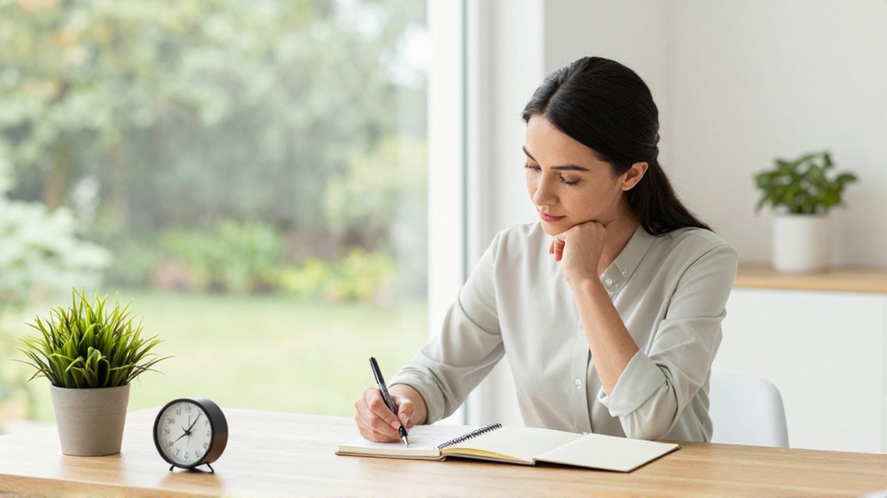 Mujer sentada en un escritorio luminoso escribiendo en una agenda para organizar sus tareas.