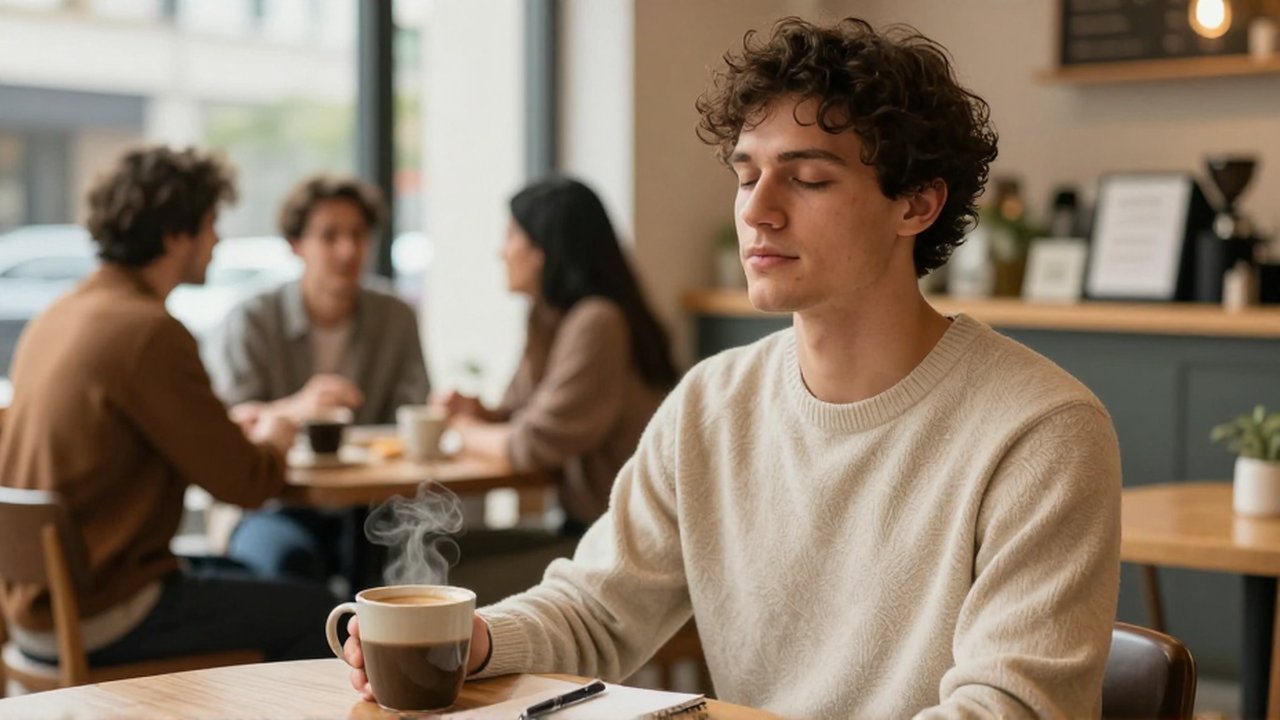 Un hombre joven respira profundamente con los ojos cerrados en una cafetería luminosa y tranquila.