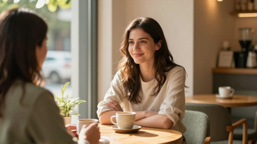 Una mujer joven sonríe mientras conversa con una amiga en una cafetería luminosa y acogedora.